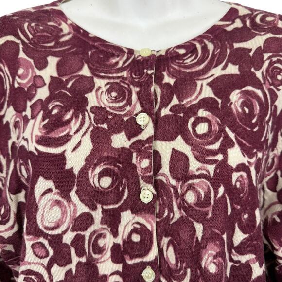 Garnet Hill Womens 100% Wool Floral Button Up Cardigan Thin Sweater Burgundy XL - Picture 5 of 16
